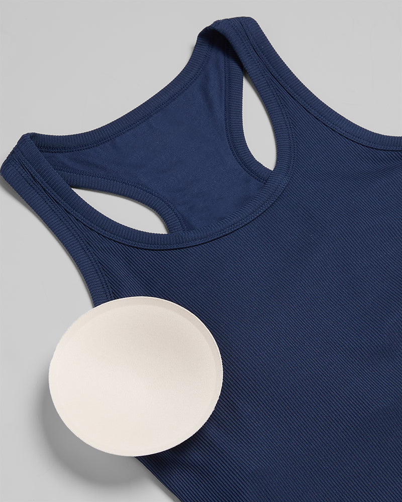 32 Degrees Inky Indigo _ Women's soft Rib Racerback Bra Tank {model: Malika is 5'7"and size 12 wearing size L}{bottom}{right} {bottom}{right}