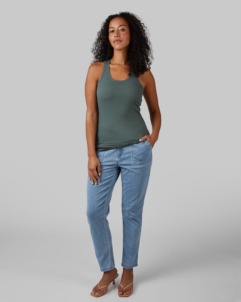 32 Degrees Space Green Grey _ Women's soft Rib Racerback Bra Tank {model: Malika is 5'7"and size 12 wearing size L}{bottom}{right} {bottom}{right}