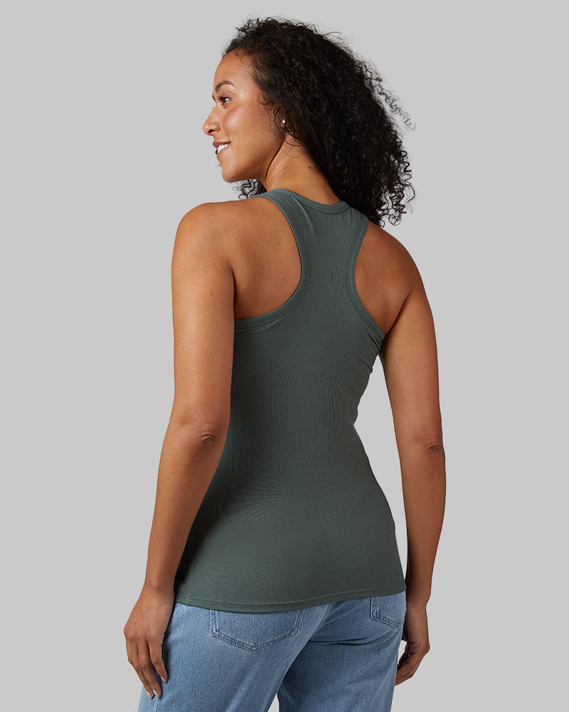 32 Degrees Space Green Grey _ Women's soft Rib Racerback Bra Tank {model: Malika is 5'7"and size 12 wearing size L}{bottom}{right} {bottom}{right}