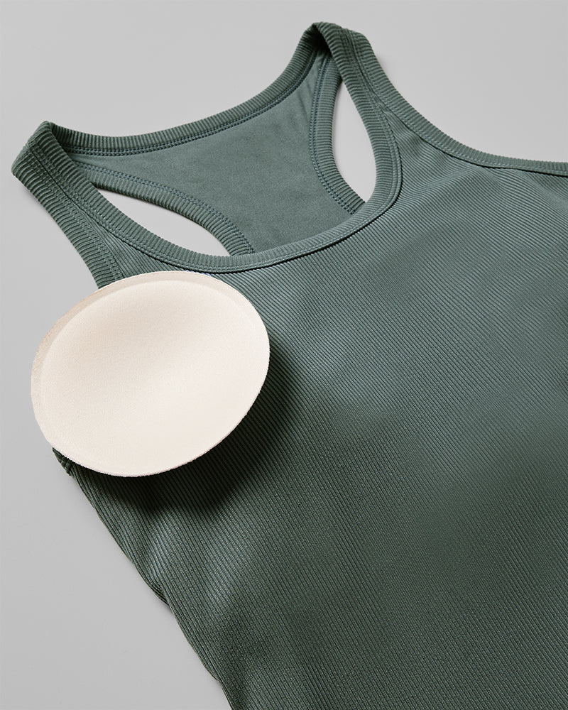 32 Degrees Space Green Grey _ Women's soft Rib Racerback Bra Tank {model: Malika is 5'7"and size 12 wearing size L}{bottom}{right} {bottom}{right}