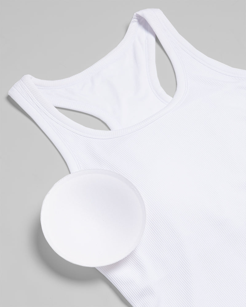 32 Degrees White _ Women's soft Rib Racerback Bra Tank {model: Sandrine is 5'9"and size 4 wearing size S}{bottom}{right} {bottom}{right}