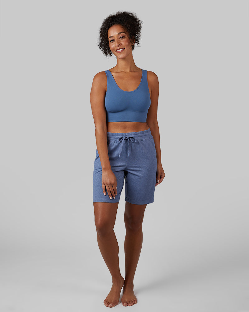 32 Degrees Bijou Blue _ Women's Scoop Longline Comfort Bra {model: Malika is 5'9" and size 4, wearing size S}{bottom}{right}