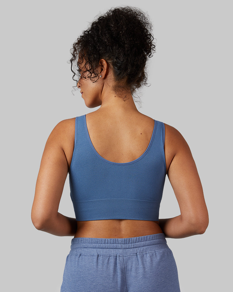 32 Degrees Bijou Blue _ Women's Scoop Longline Comfort Bra {model: Malika is 5'9" and size 4, wearing size S}{bottom}{right}