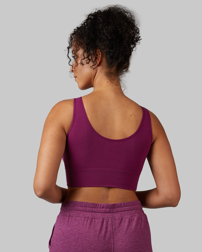 32 Degrees Plum Caspia _ Women's Scoop Longline Comfort Bra {model: Malika is 5'9" and size 4, wearing size S}{bottom}{right}