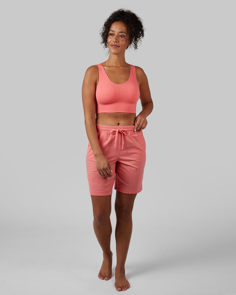 32 Degrees Sugar Coral _ Women's Scoop Longline Comfort Bra {model: Malika is 5'9" and size 4, wearing size S}{bottom}{right}