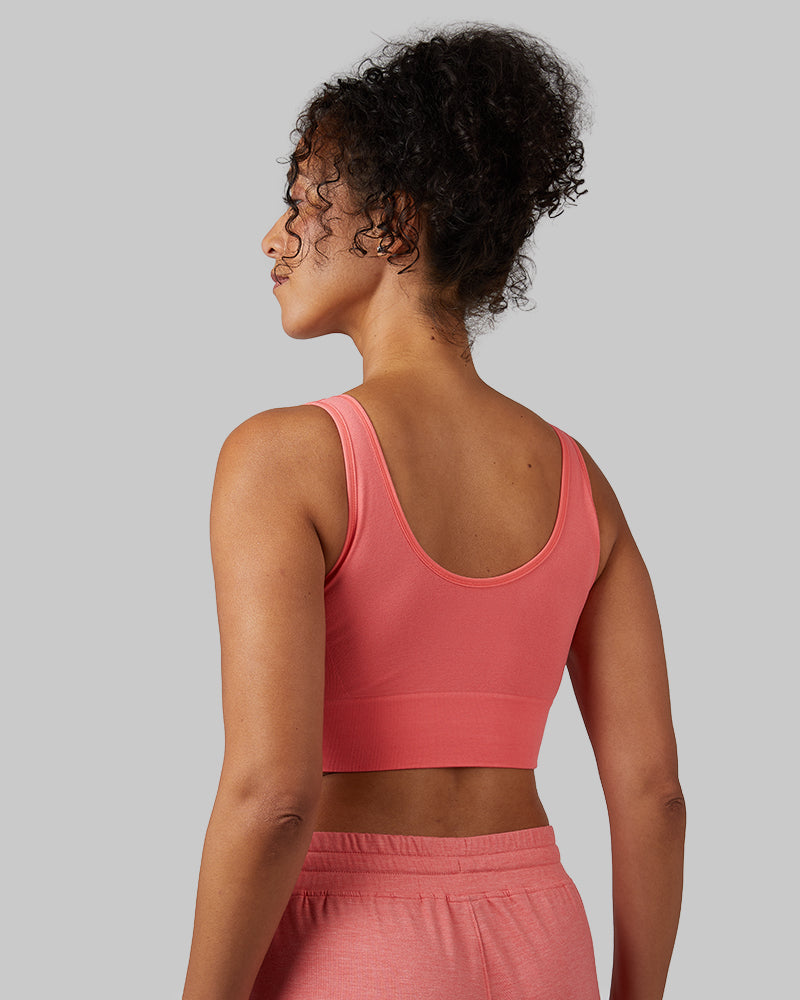 32 Degrees Sugar Coral _ Women's Scoop Longline Comfort Bra {model: Malika is 5'9" and size 4, wearing size S}{bottom}{right}