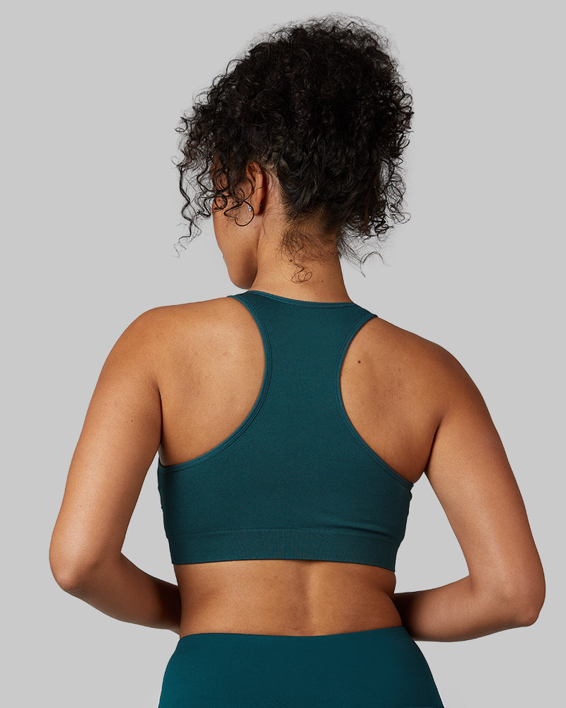 32 Degrees Midnight Green _ Women's Scoop Longline Comfort Bra {model: Malika is 5'9" and size 4, wearing size S}{bottom}{right}