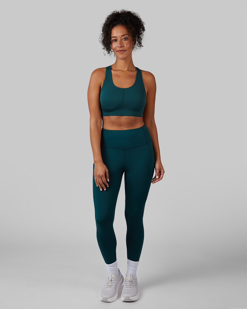 32 Degrees Midnight Green _ Women's Scoop Longline Comfort Bra {model: Malika is 5'9" and size 4, wearing size S}{bottom}{right}