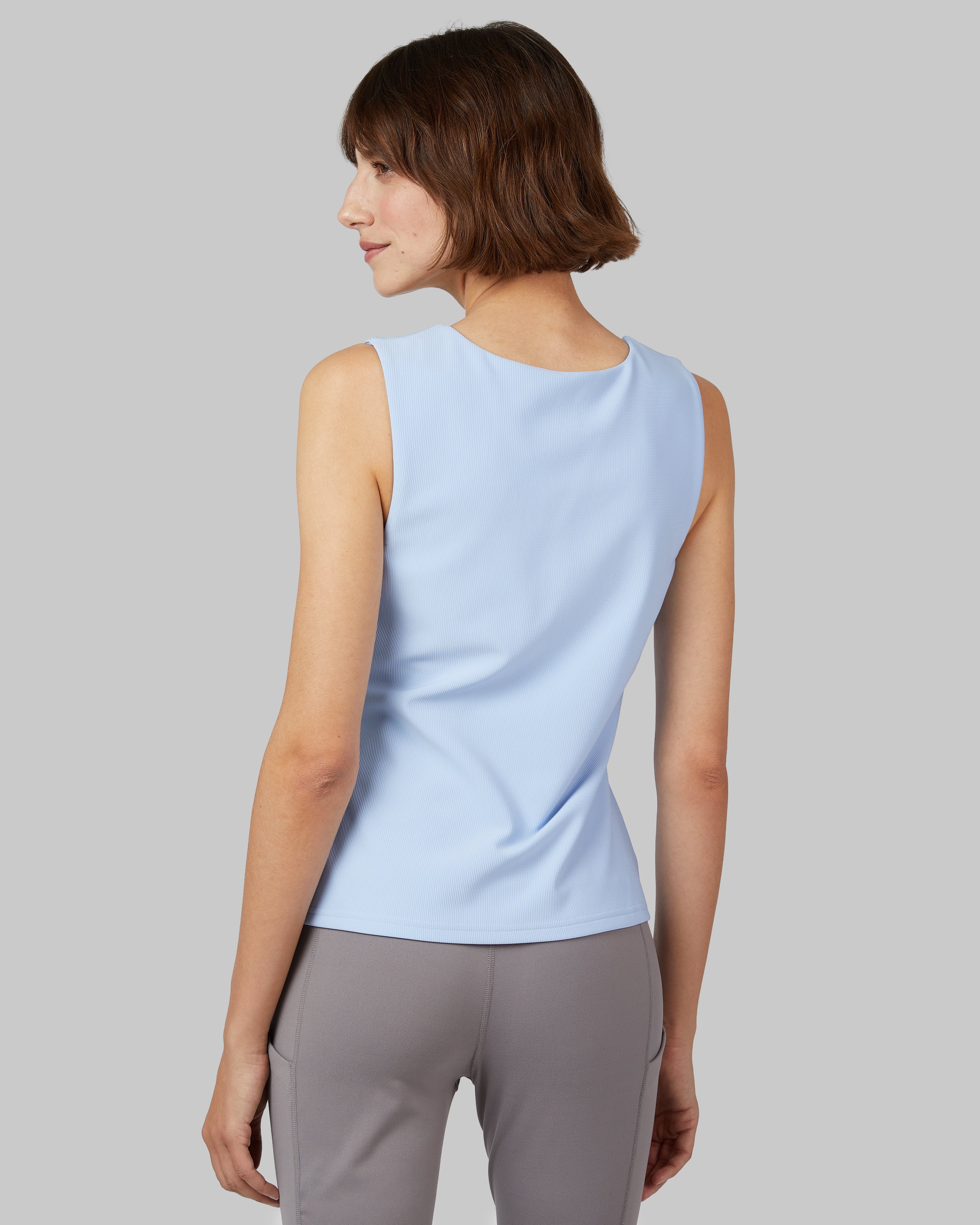 32 Degrees Seashell Blue _ Women's Active Rib Bra Tank {model: Kathie is 5'9"and size 4 wearing size S}{bottom}{right} {bottom}{right}