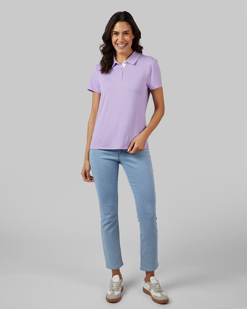 32 Degrees Sand Verbena _ Women's Cool Fitted Polo {model: Florentina is 5'10"and size 4 wearing size S}{bottom}{right} {bottom}{right}