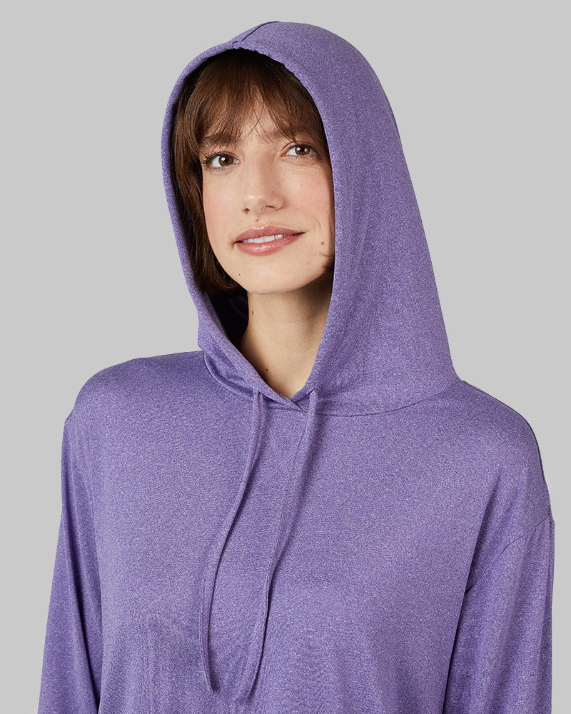 32 Degrees Celestial Purple Heather _ Women's Cool Long sleeve Hooded T-shirt {model: Kathie is 5'9"and size 4 wearing size S}{bottom}{right} {bottom}{right}