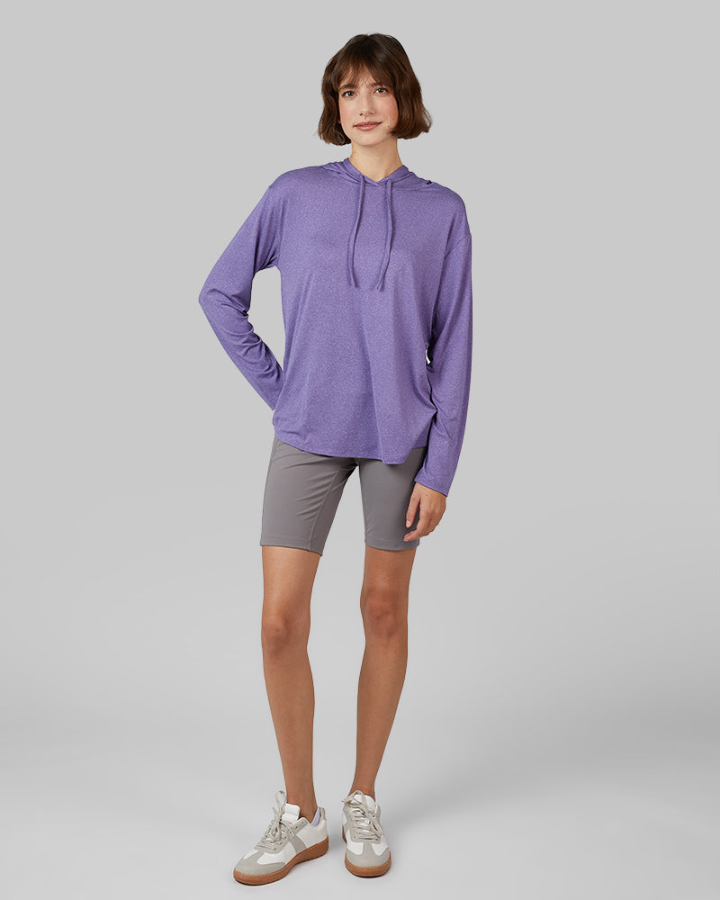 32 Degrees Celestial Purple Heather _ Women's Cool Long sleeve Hooded T-shirt {model: Kathie is 5'9"and size 4 wearing size S}{bottom}{right} {bottom}{right}