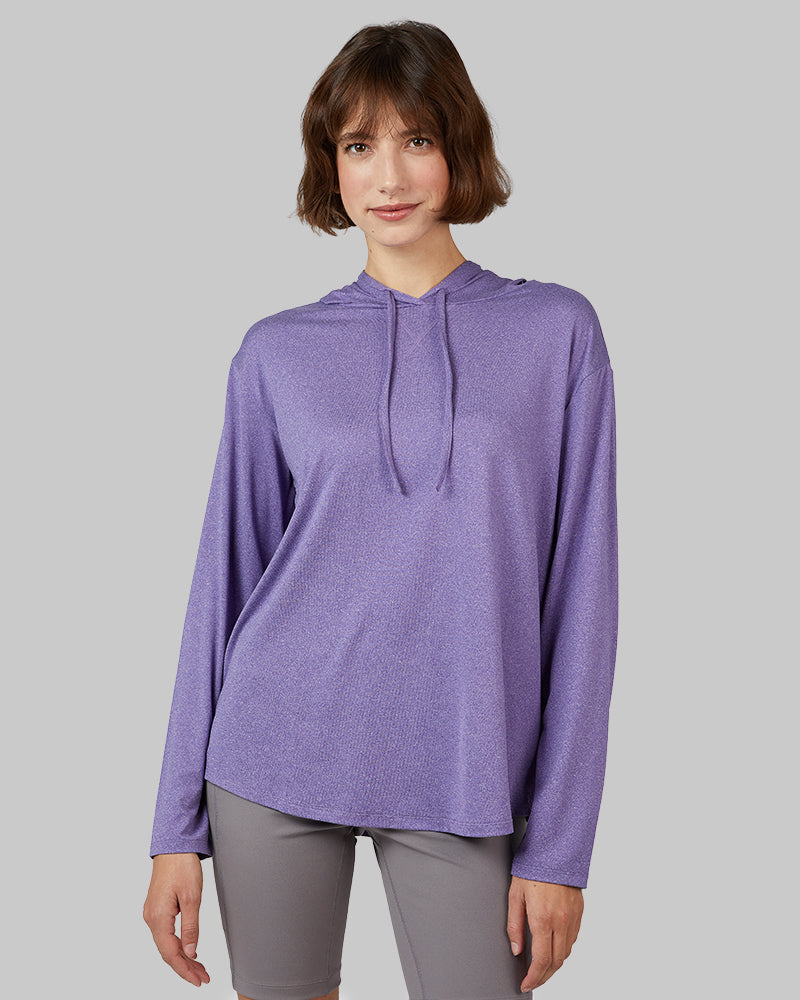 32 Degrees Celestial Purple Heather _ Women's Cool Long sleeve Hooded T-shirt {model: Kathie is 5'9"and size 4 wearing size S}{bottom}{right} {bottom}{right}