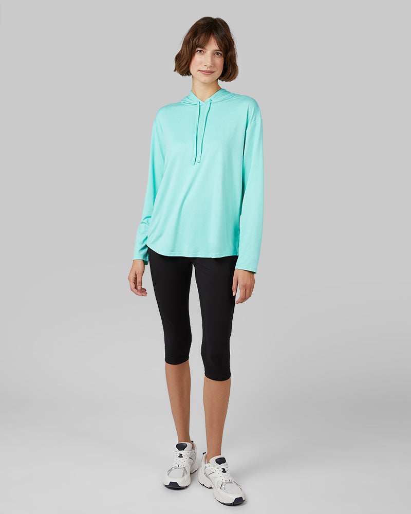 32 Degrees Florida Keys Heather _ Women's Cool Long sleeve Hooded T-shirt {model: Kathie is 5'9"and size 4 wearing size S}{bottom}{right} {bottom}{right}