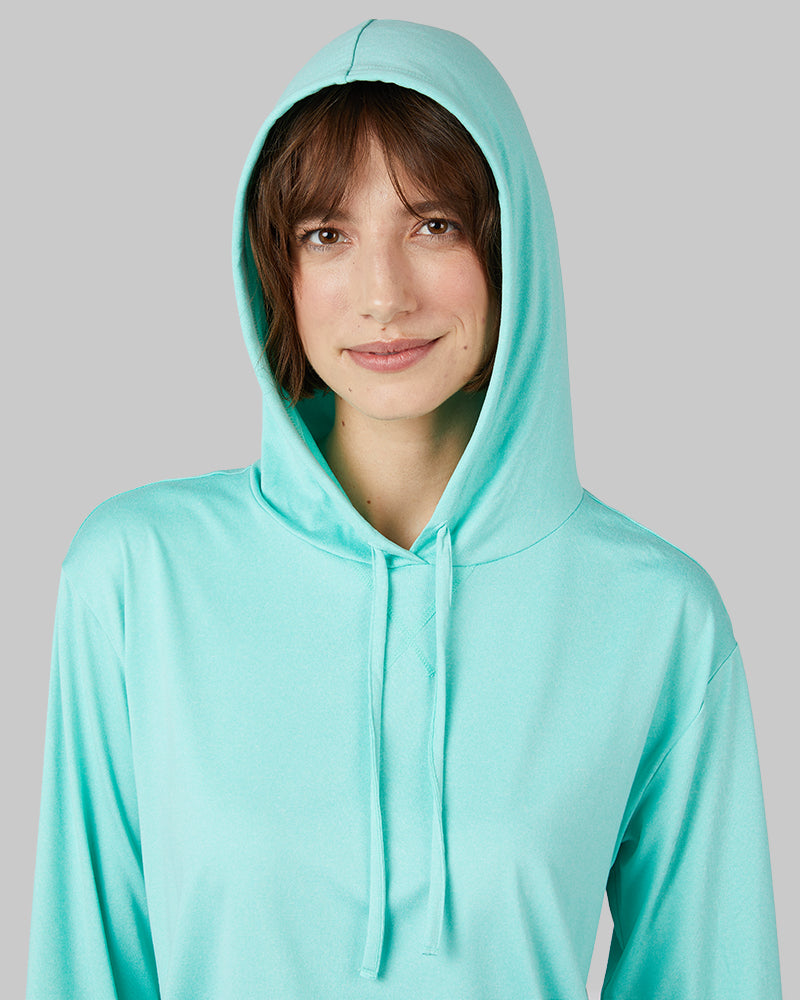 32 Degrees Florida Keys Heather _ Women's Cool Long sleeve Hooded T-shirt {model: Kathie is 5'9"and size 4 wearing size S}{bottom}{right} {bottom}{right}