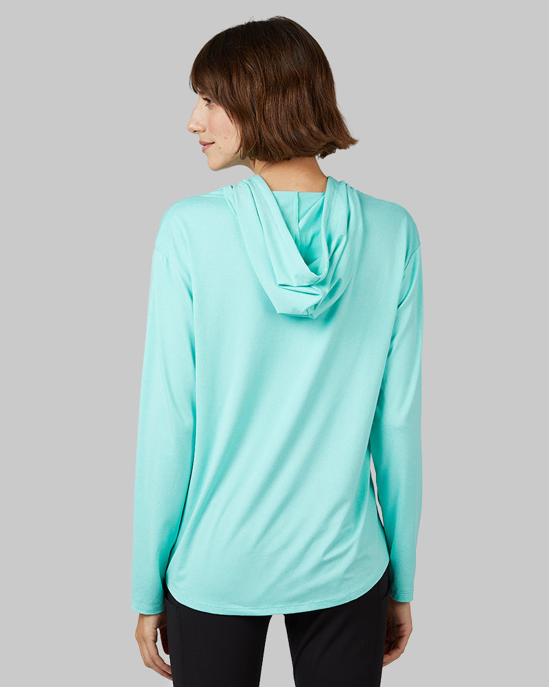 32 Degrees Florida Keys Heather _ Women's Cool Long sleeve Hooded T-shirt {model: Kathie is 5'9"and size 4 wearing size S}{bottom}{right} {bottom}{right}
