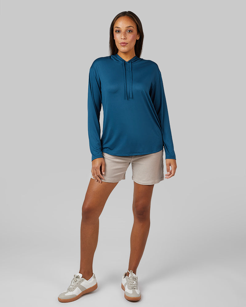 32 Degrees Majolica Blue _ Women's Cool Long sleeve Hooded T-shirt {model: Shelby is 5'9"and size 4 wearing size S}{bottom}{right} {bottom}{right}