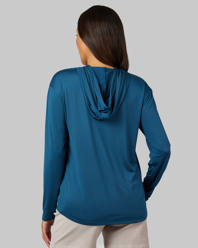 32 Degrees Majolica Blue _ Women's Cool Long sleeve Hooded T-shirt {model: Shelby is 5'9"and size 4 wearing size S}{bottom}{right} {bottom}{right}