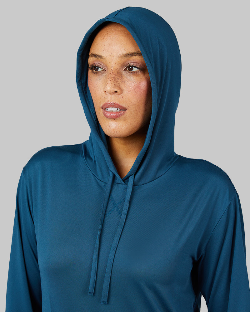 32 Degrees Majolica Blue _ Women's Cool Long sleeve Hooded T-shirt {model: Shelby is 5'9"and size 4 wearing size S}{bottom}{right} {bottom}{right}
