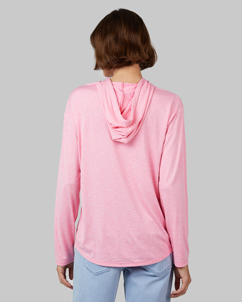 32 Degrees Pink Carnation Space Dye _ Women's Cool Long sleeve Hooded T-shirt {model: Kathie is 5'9"and size 4 wearing size S}{bottom}{right} {bottom}{right}