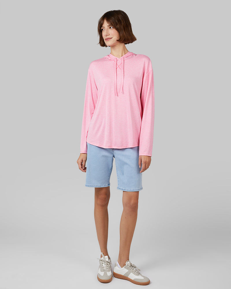 32 Degrees Pink Carnation Space Dye _ Women's Cool Long sleeve Hooded T-shirt {model: Kathie is 5'9"and size 4 wearing size S}{bottom}{right} {bottom}{right}