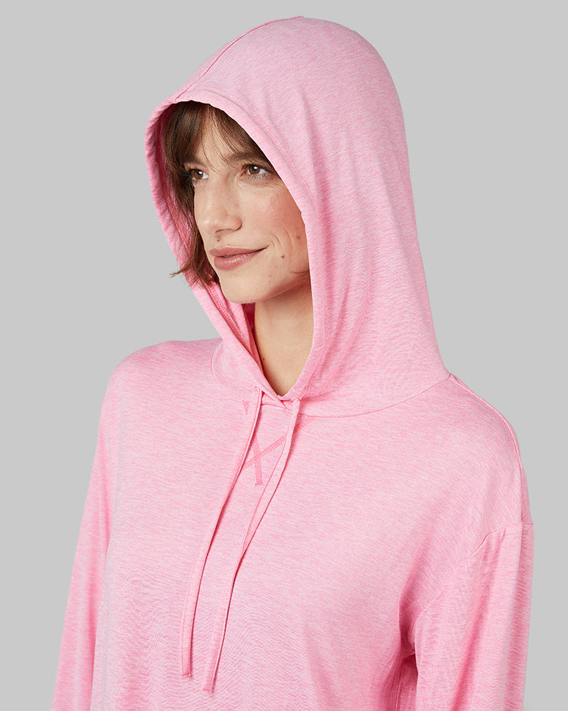 32 Degrees Pink Carnation Space Dye _ Women's Cool Long sleeve Hooded T-shirt {model: Kathie is 5'9"and size 4 wearing size S}{bottom}{right} {bottom}{right}