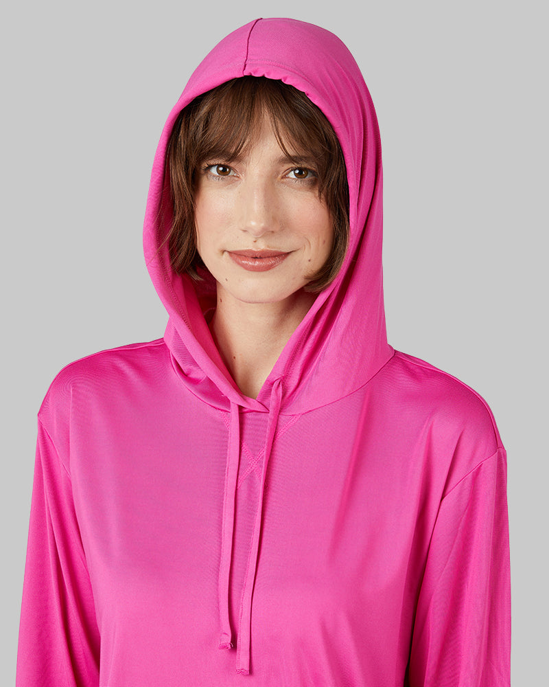 32 Degrees Raspberry Rose _ Women's Cool Long sleeve Hooded T-shirt {model: Kathie is 5'9"and size 4 wearing size S}{bottom}{right} {bottom}{right}