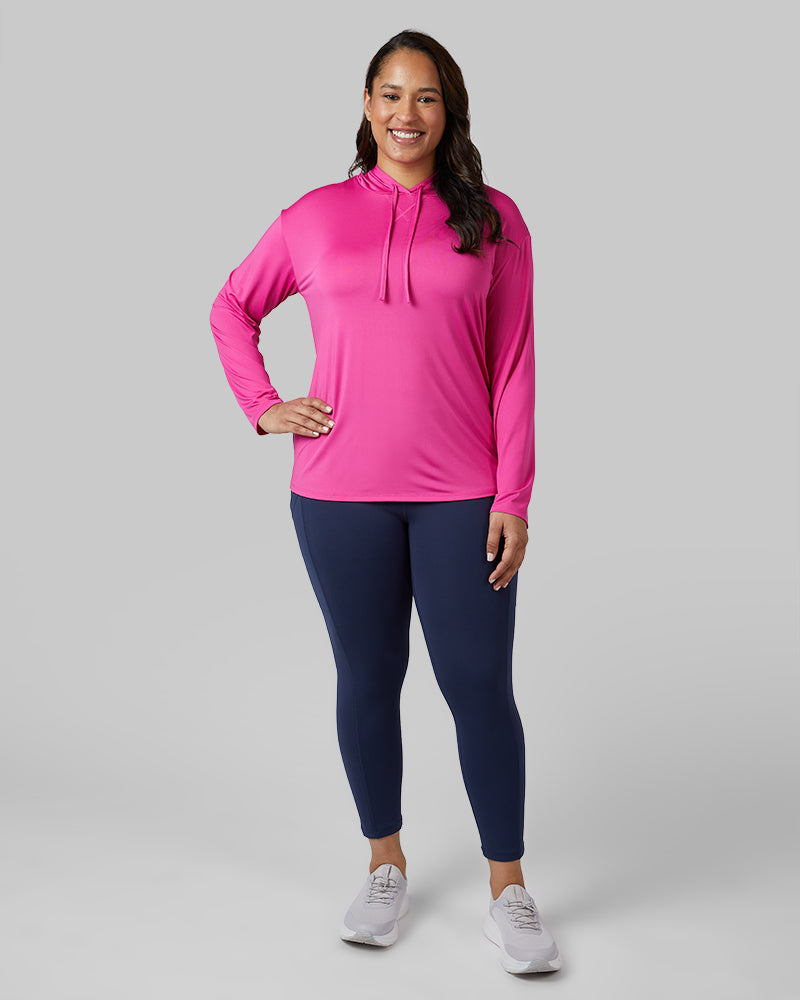 32 Degrees Raspberry Rose _ Women's Cool Long sleeve Hooded T-shirt {model: Madison is 5'9and size 16 wearing size XL}{bottom}{right} {bottom}{right}