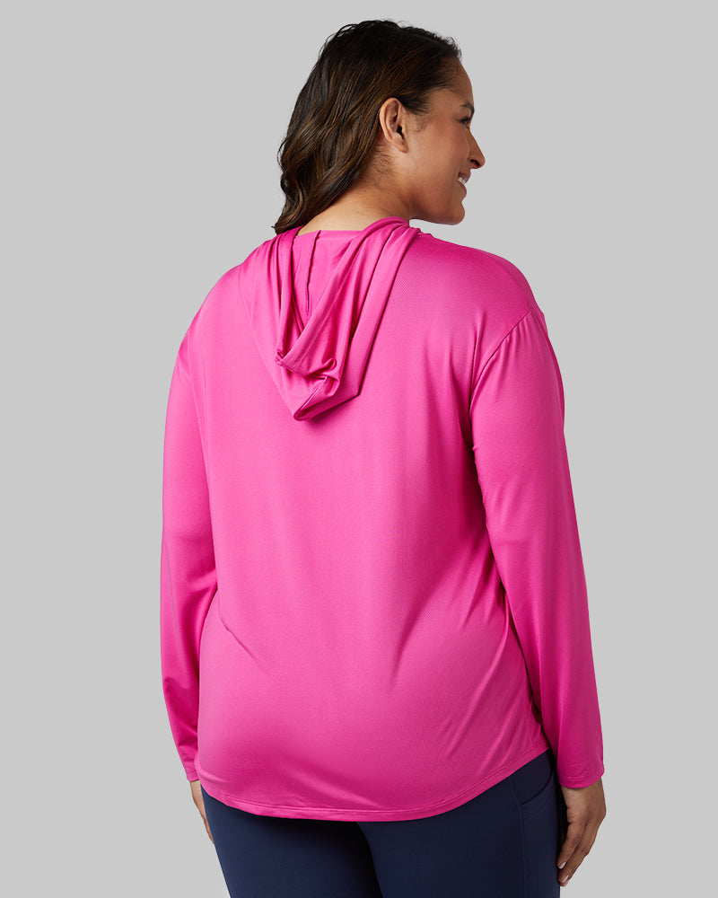 32 Degrees Raspberry Rose _ Women's Cool Long sleeve Hooded T-shirt {model: Madison is 5'9and size 16 wearing size XL}{bottom}{right} {bottom}{right}