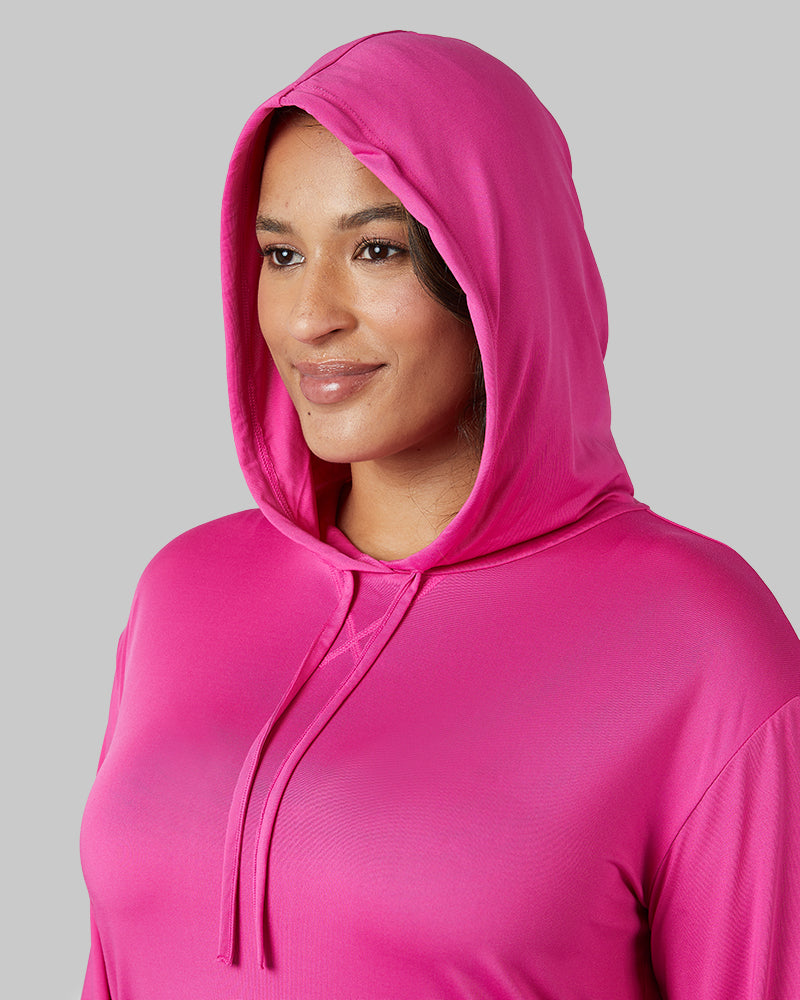 32 Degrees Raspberry Rose _ Women's Cool Long sleeve Hooded T-shirt {model: Madison is 5'9and size 16 wearing size XL}{bottom}{right} {bottom}{right}