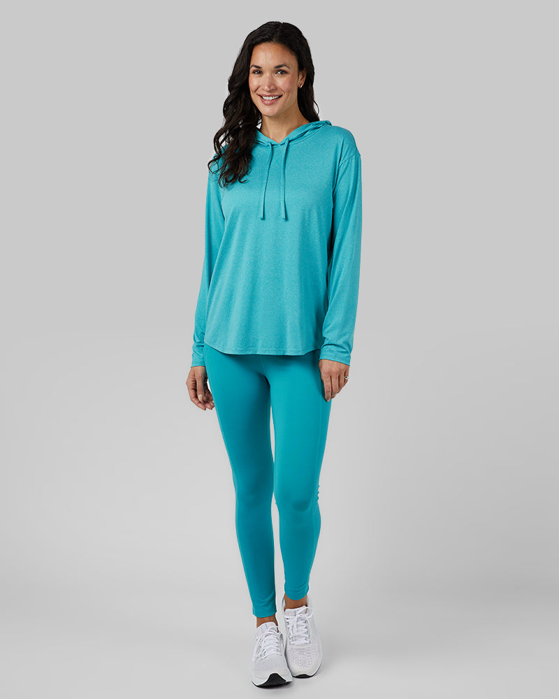 32 Degrees Tahitian Teal Heather _ Women's Cool Long sleeve Hooded T-shirt {model: Scarlett is 5'10"and size 4 wearing size S}{bottom}{right} {bottom}{right}
