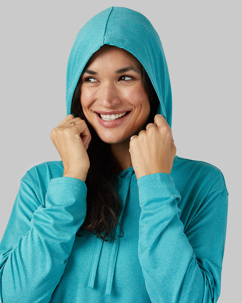 32 Degrees Tahitian Teal Heather _ Women's Cool Long sleeve Hooded T-shirt {model: Scarlett is 5'10"and size 4 wearing size S}{bottom}{right} {bottom}{right}