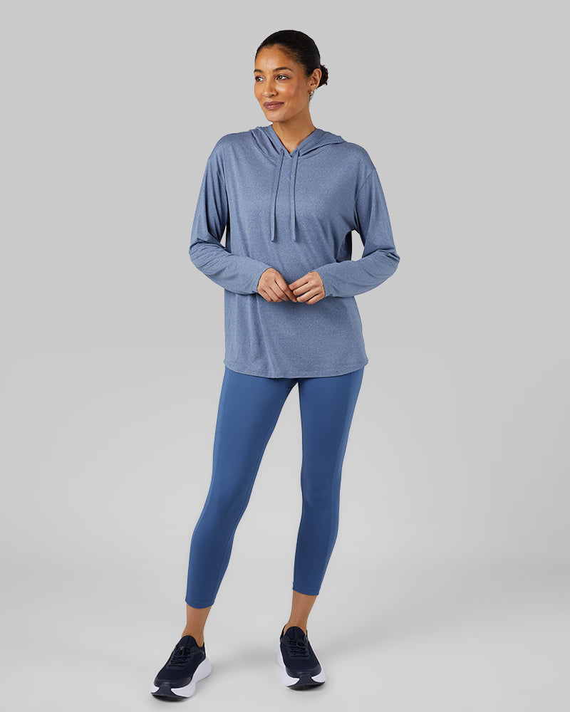 32 Degrees True Navy Heather _ Women's Cool Long sleeve Hooded T-shirt {model: Marybeth is 5'8"and size 2 wearing size S}{bottom}{right} {bottom}{right}