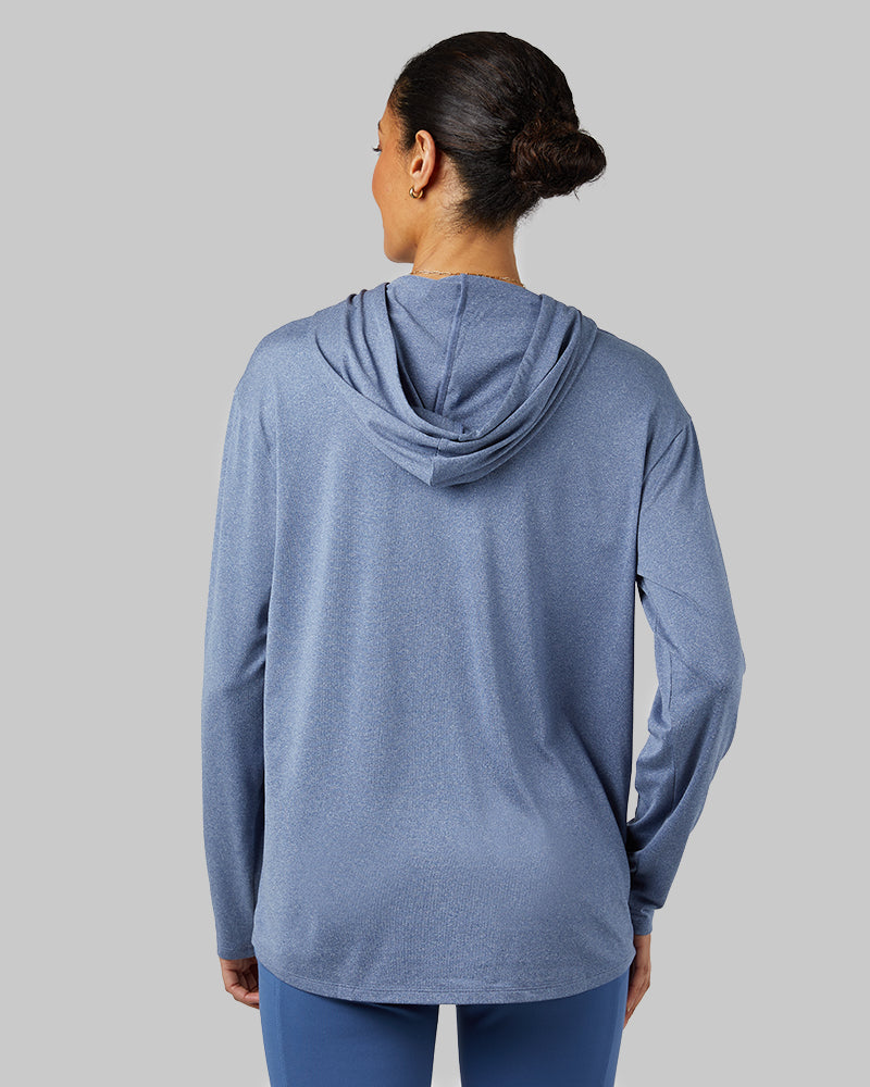 32 Degrees True Navy Heather _ Women's Cool Long sleeve Hooded T-shirt {model: Marybeth is 5'8"and size 2 wearing size S}{bottom}{right} {bottom}{right}