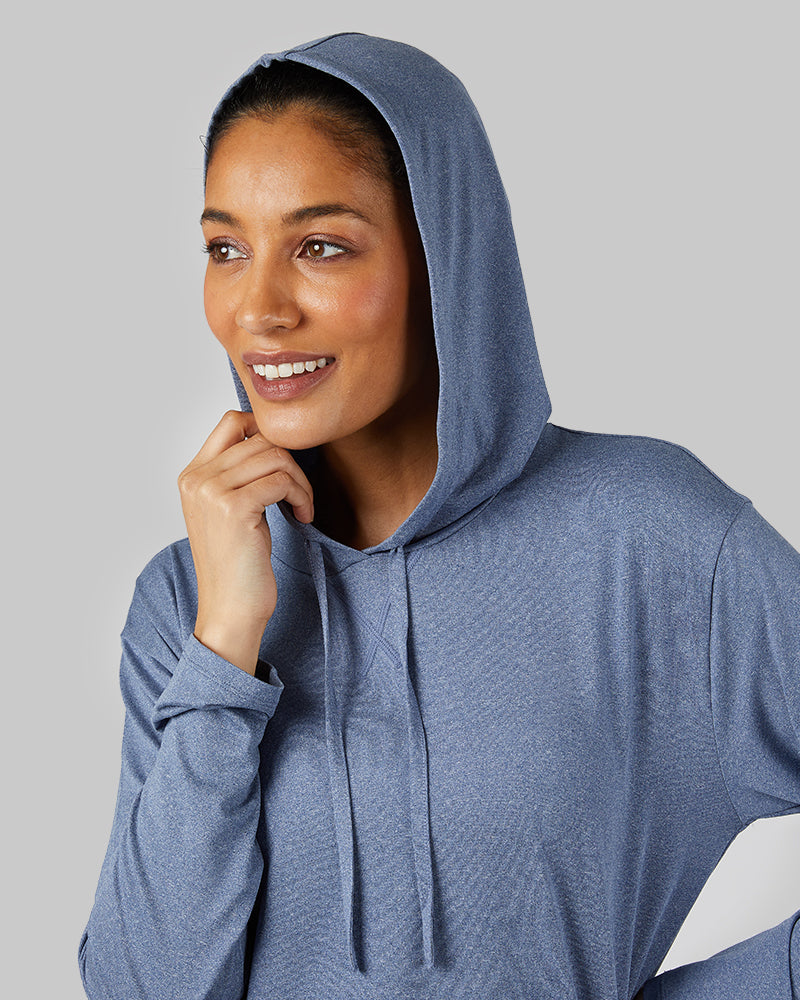 32 Degrees True Navy Heather _ Women's Cool Long sleeve Hooded T-shirt {model: Marybeth is 5'8"and size 2 wearing size S}{bottom}{right} {bottom}{right}