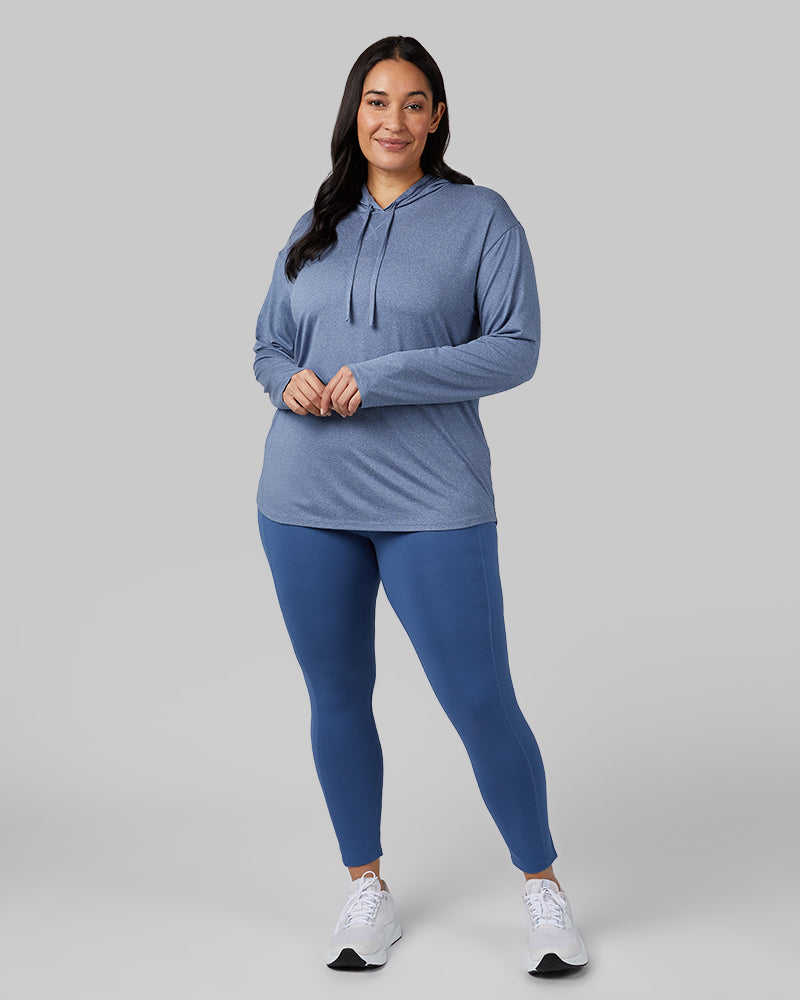 32 Degrees True Navy Heather _ Women's Cool Long sleeve Hooded T-shirt {model: Amanda is 5'8"and size 14 wearing size L}{bottom}{right} {bottom}{right}