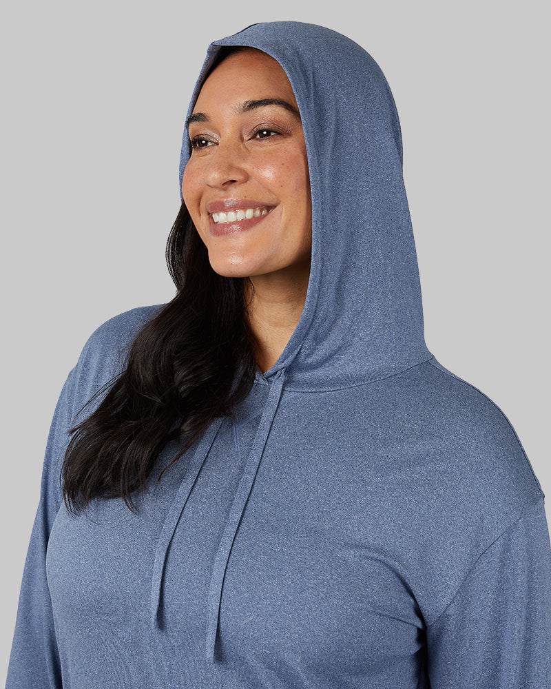 32 Degrees True Navy Heather _ Women's Cool Long sleeve Hooded T-shirt {model: Amanda is 5'8"and size 14 wearing size L}{bottom}{right} {bottom}{right}