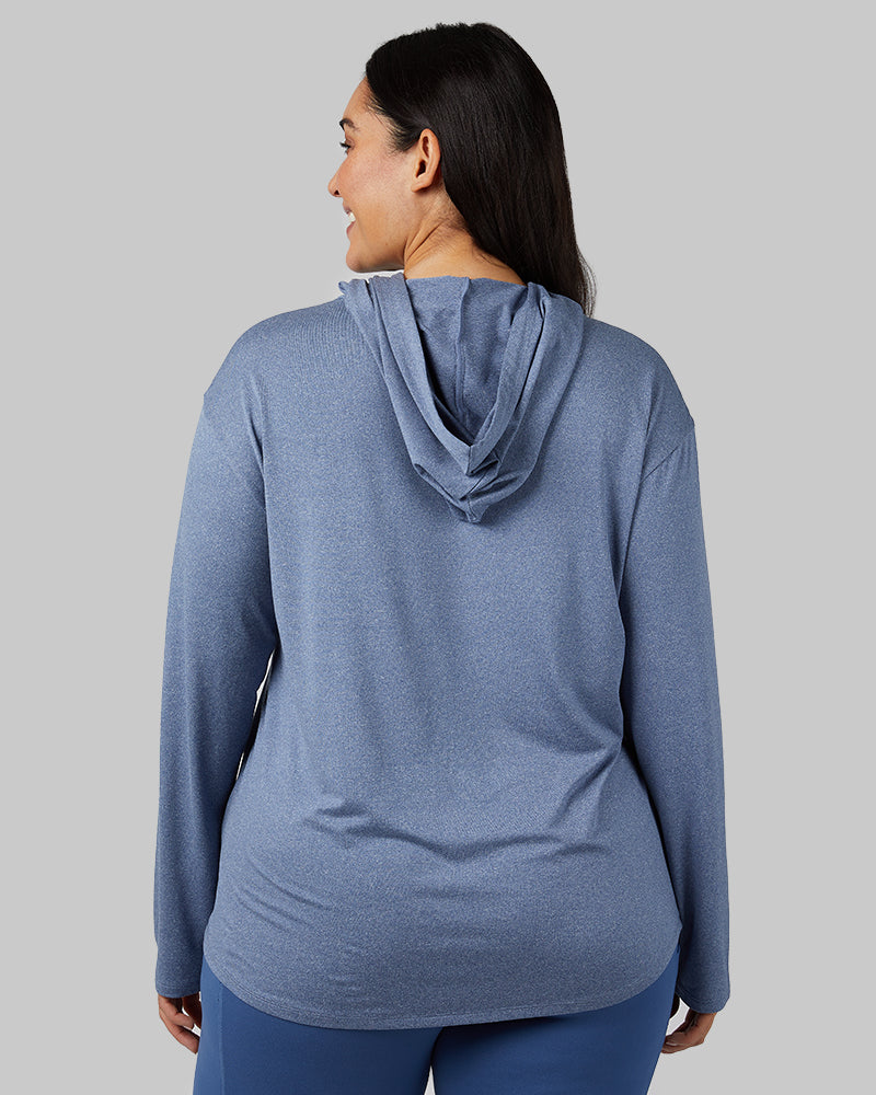 32 Degrees True Navy Heather _ Women's Cool Long sleeve Hooded T-shirt {model: Amanda is 5'8"and size 14 wearing size L}{bottom}{right} {bottom}{right}