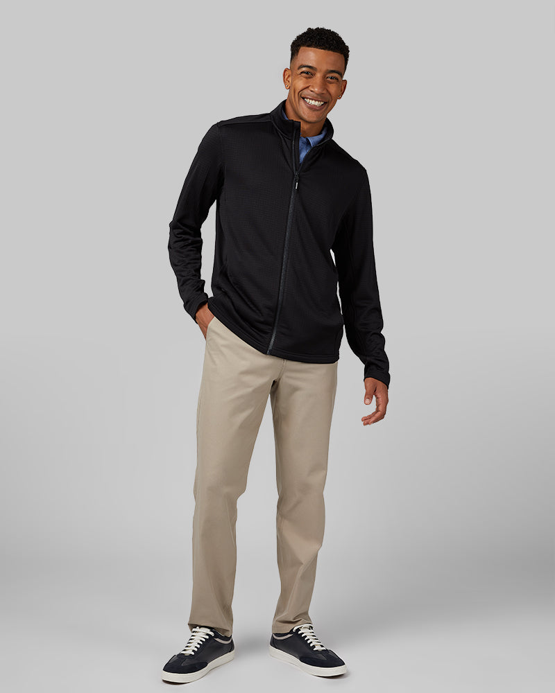 32 Degrees Black _ Men's Grid Tech Full-Zip {model: Anthony is 6'0", wearing size M}{bottom}{right} {bottom}{right}