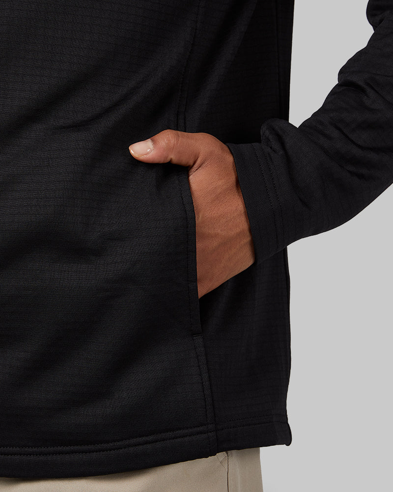 32 Degrees Black _ Men's Grid Tech Full-Zip {model: Anthony is 6'0", wearing size M}{bottom}{right} {bottom}{right}