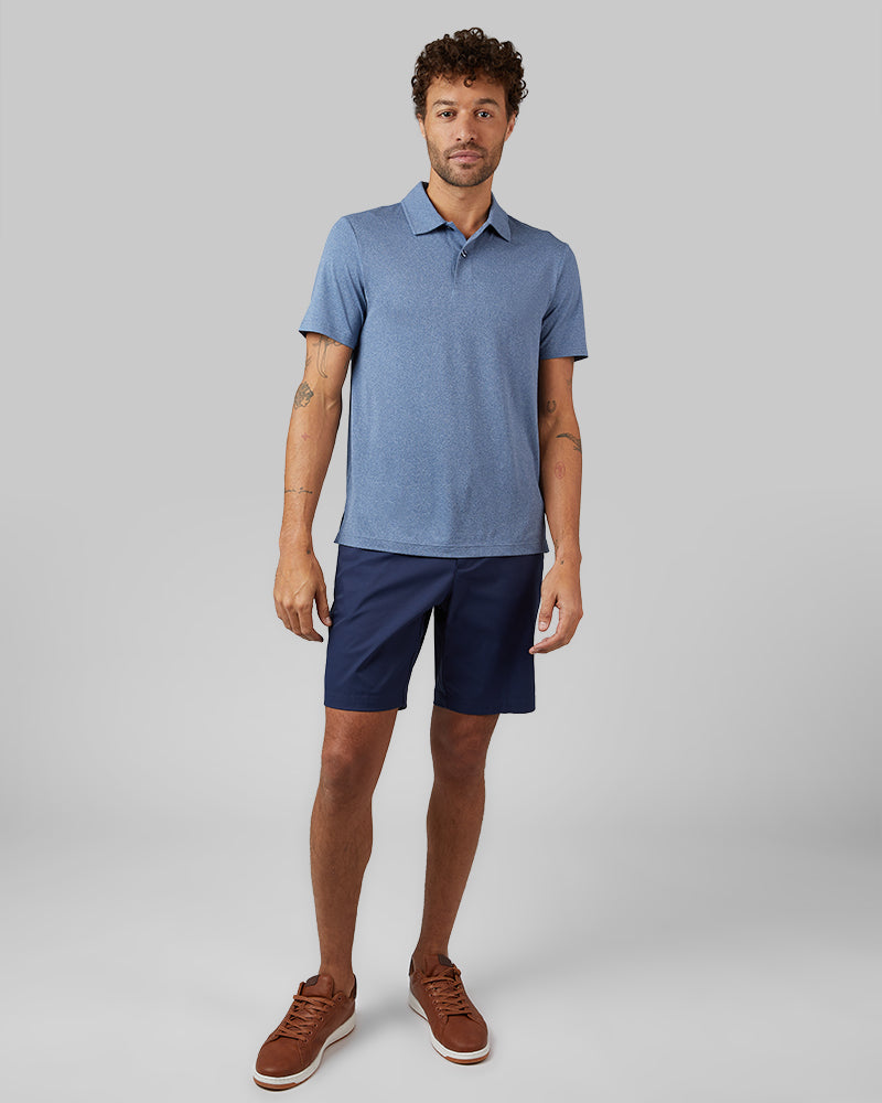 32 Degrees Academy Blue Heather _ Men's Cool Classic Polo {model: Miguel is 6'2", wearing size M}{bottom}{right} {bottom}{right}
