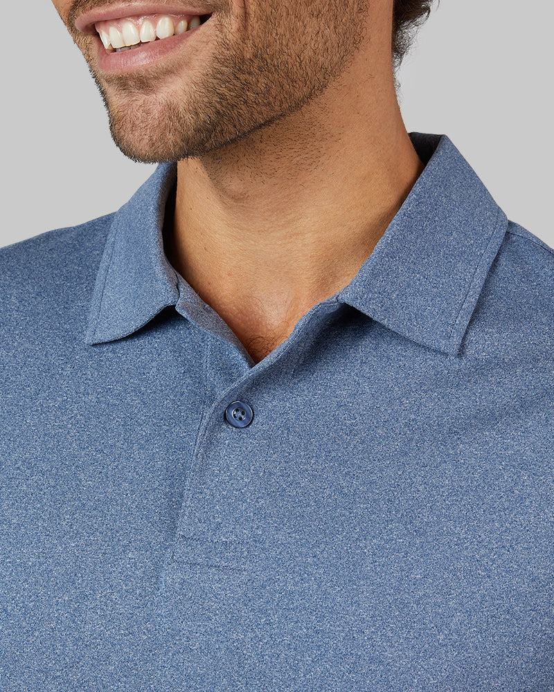 32 Degrees Academy Blue Heather _ Men's Cool Classic Polo {model: Miguel is 6'2", wearing size M}{bottom}{right} {bottom}{right}
