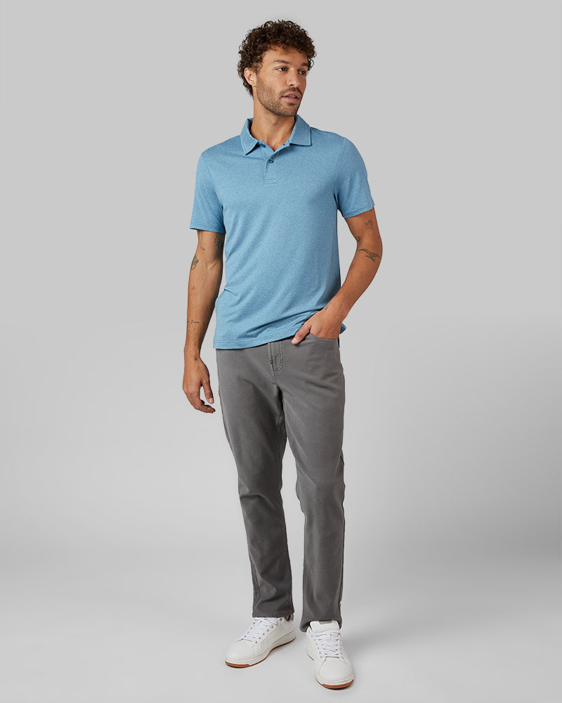 32 Degrees Blue Steel Heather _ Men's Cool Classic Polo {model: Miguel is 6'2", wearing size M}{bottom}{right} {bottom}{right}