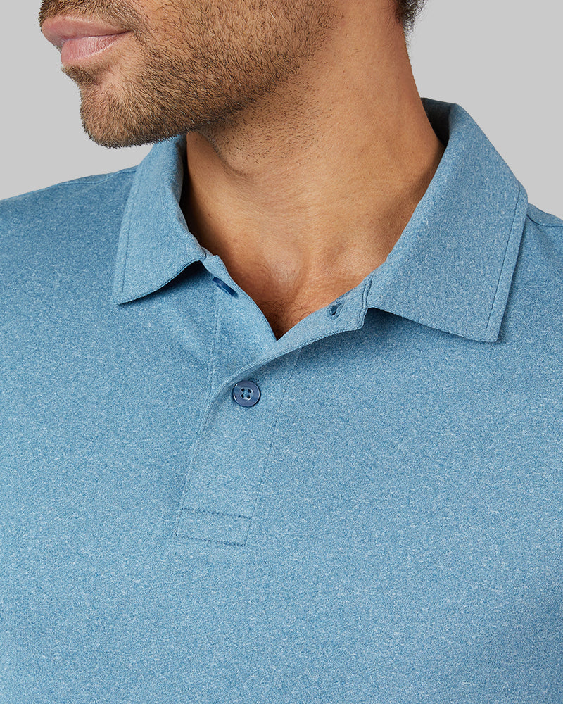 32 Degrees Blue Steel Heather _ Men's Cool Classic Polo {model: Miguel is 6'2", wearing size M}{bottom}{right} {bottom}{right}