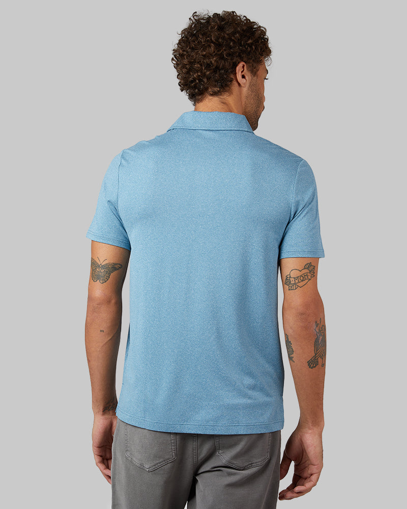32 Degrees Blue Steel Heather _ Men's Cool Classic Polo {model: Miguel is 6'2", wearing size M}{bottom}{right} {bottom}{right}