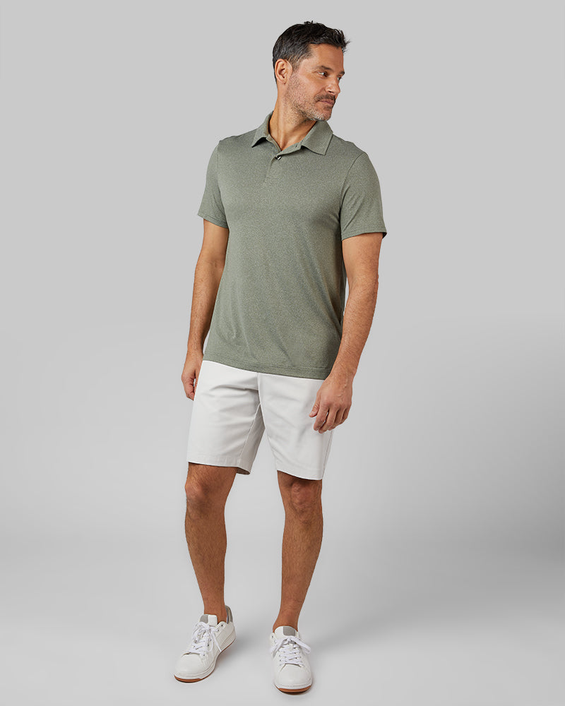 32 Degrees Oregano Heather _ Men's Cool Classic Polo {model: Eduardo is 6'1", wearing size M}{bottom}{right} {bottom}{right}
