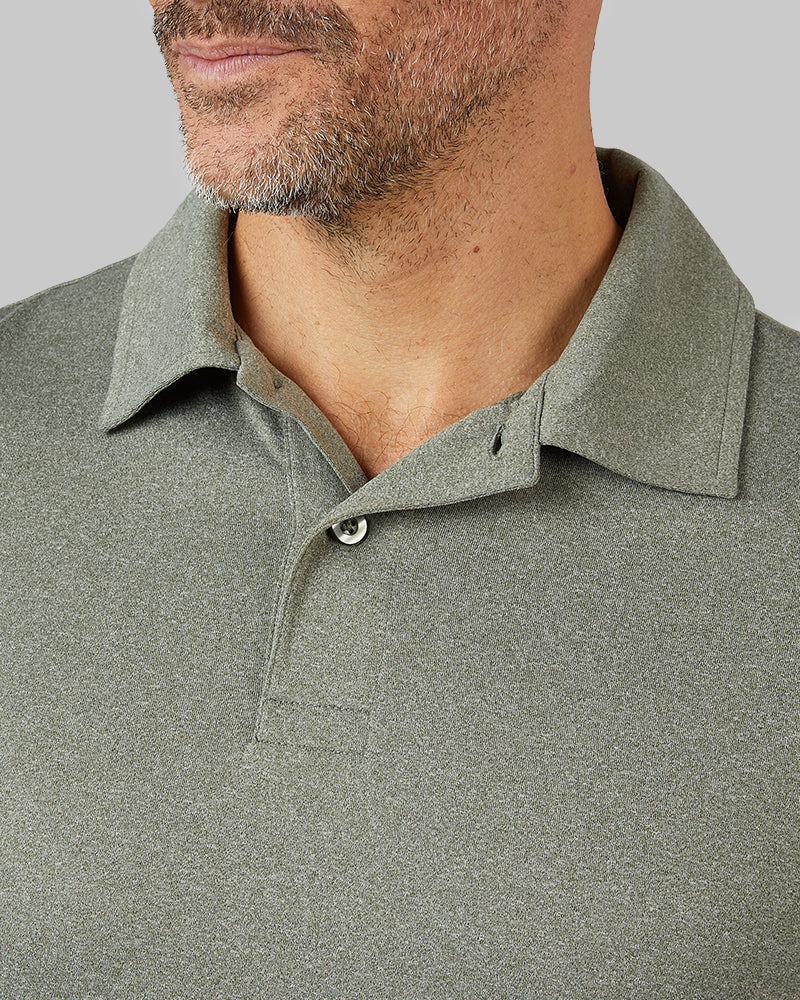 32 Degrees Oregano Heather _ Men's Cool Classic Polo {model: Eduardo is 6'1", wearing size M}{bottom}{right} {bottom}{right}