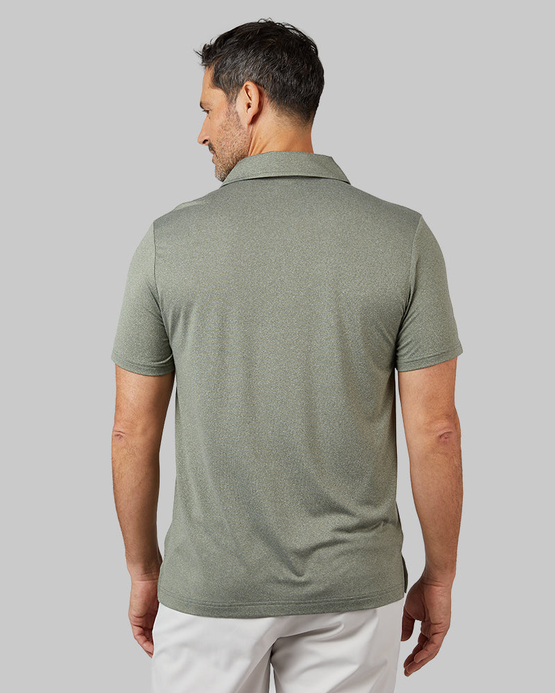32 Degrees Oregano Heather _ Men's Cool Classic Polo {model: Eduardo is 6'1", wearing size M}{bottom}{right} {bottom}{right}