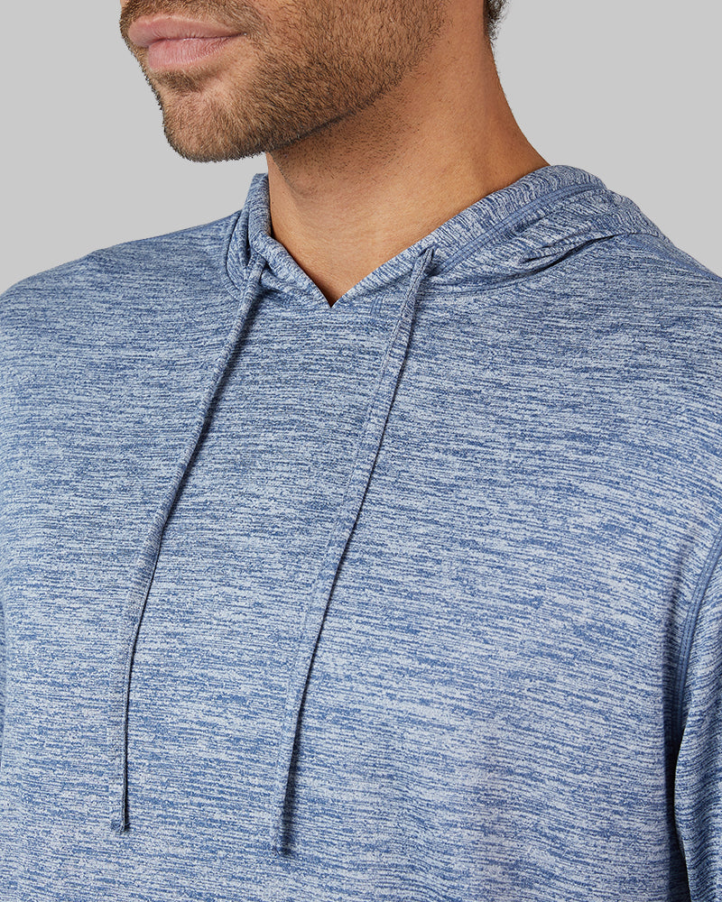 32 Degrees Academy Blue Space Dye _ Men's Cool Long sleeve Hooded T-shirt {model: Miguel is 6'2", wearing size M}{bottom}{right} {bottom}{right}