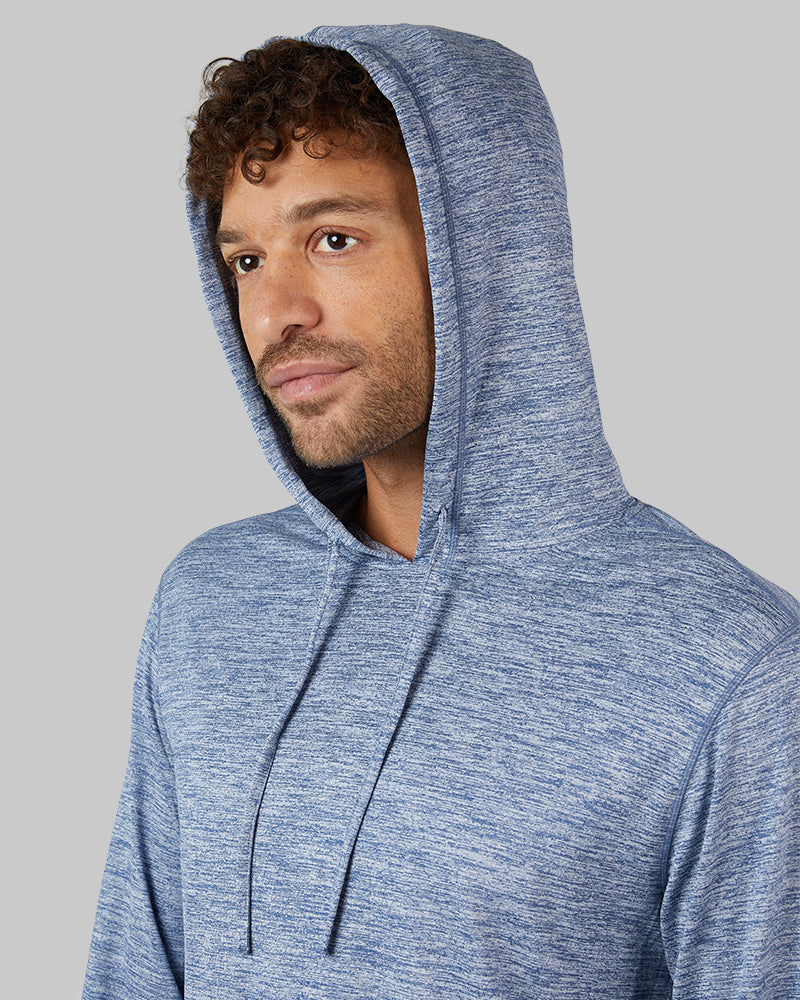 32 Degrees Academy Blue Space Dye _ Men's Cool Long sleeve Hooded T-shirt {model: Miguel is 6'2", wearing size M}{bottom}{right} {bottom}{right}
